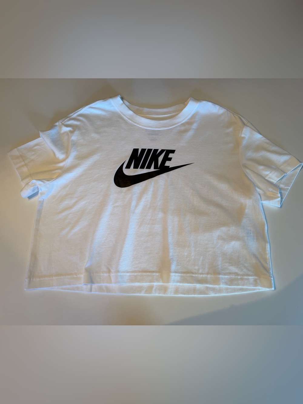 Women’s Nike White Boxy Tee with Black Swoosh Graphic - Size Large